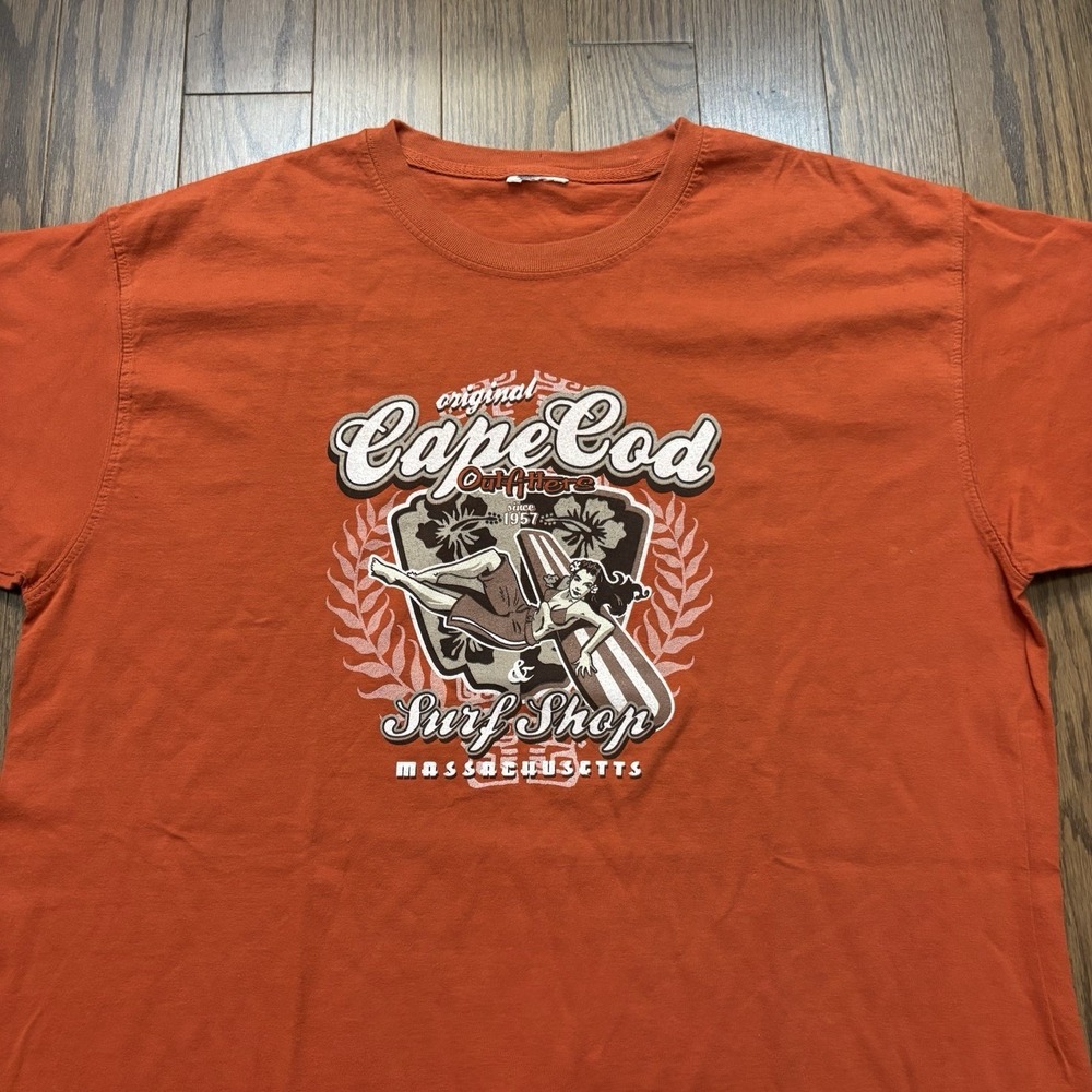 Vintage Surf T Shirt Cape Cod Massachusetts Surfing Sailing Orange Tee - Mens XL